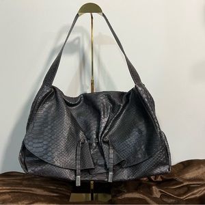 Furla Black Reptile Embossed Leather Shoulder Bag Large